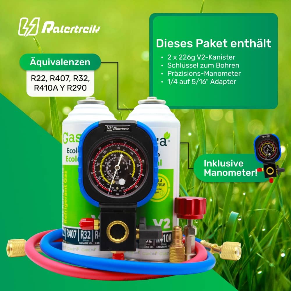 Kältemittelgaspaket Gasica V2 Ersatz für R22, R407, R32, R410A (2 FLASCHEN + MANOMETER + ADAPTER)