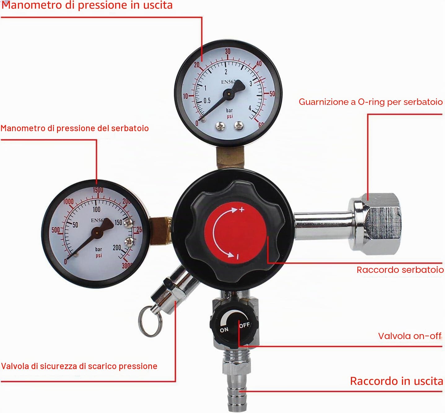 Eastpole Regolatore per fusti di CO2 a doppio manometro, a sgancio rapido, regolatore per birra con valvola limitatrice di pressione di sicurezza, 0-4.1 bar, 0-207 bar pressione del serbatoio