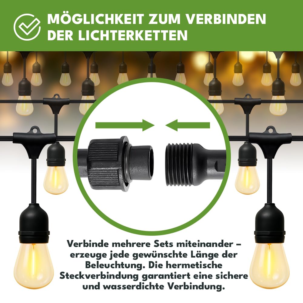 KRUMAD Cadena de luces LED para exteriores de 10 m, bombillas E27 de luz blanca cálida 2700K, IP44 resistente a la intemperie, iluminación para fiestas para jardín, balcón, terraza, cadena de luces
