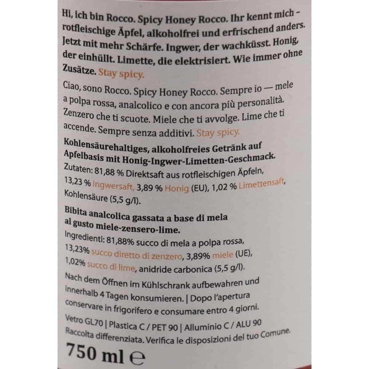 Sparkling Rocco – Spicy Honey 3×0,75L | Alkoholfreier Aperitif aus Südtirol | Kohlensäurehaltiges Apfelgetränk mit Ingwer, Honig & Limette | 2,25L Set | Rocco Weinsepphof