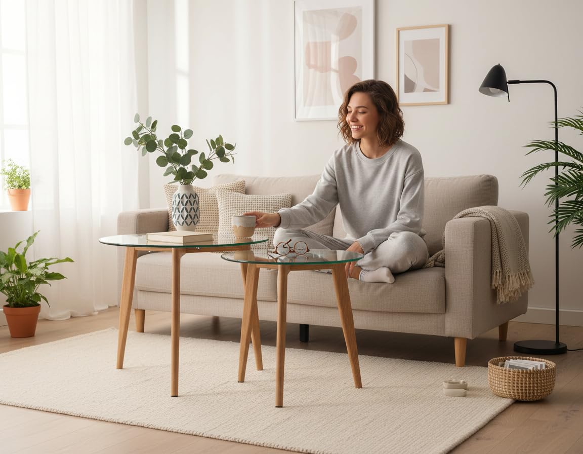 Homestyle4u Couchtisch Rund Glas 2er Set - Beistelltisch mit Holzbeinen