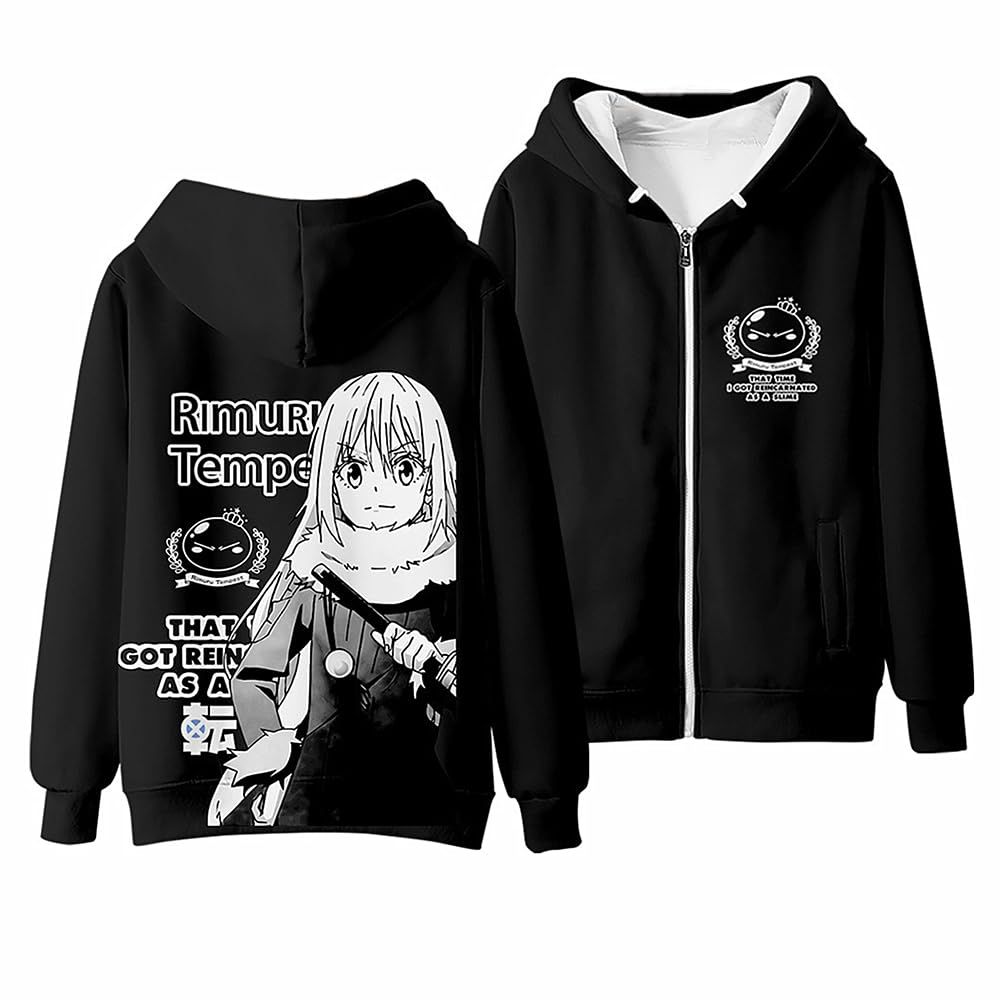 Charous Unisex Black Anime That Time I Got Reincarnated As A Slime Cute Cartoon Zipped Hoodie Sweatshirt For Manga Rimuru Fans Cosplay