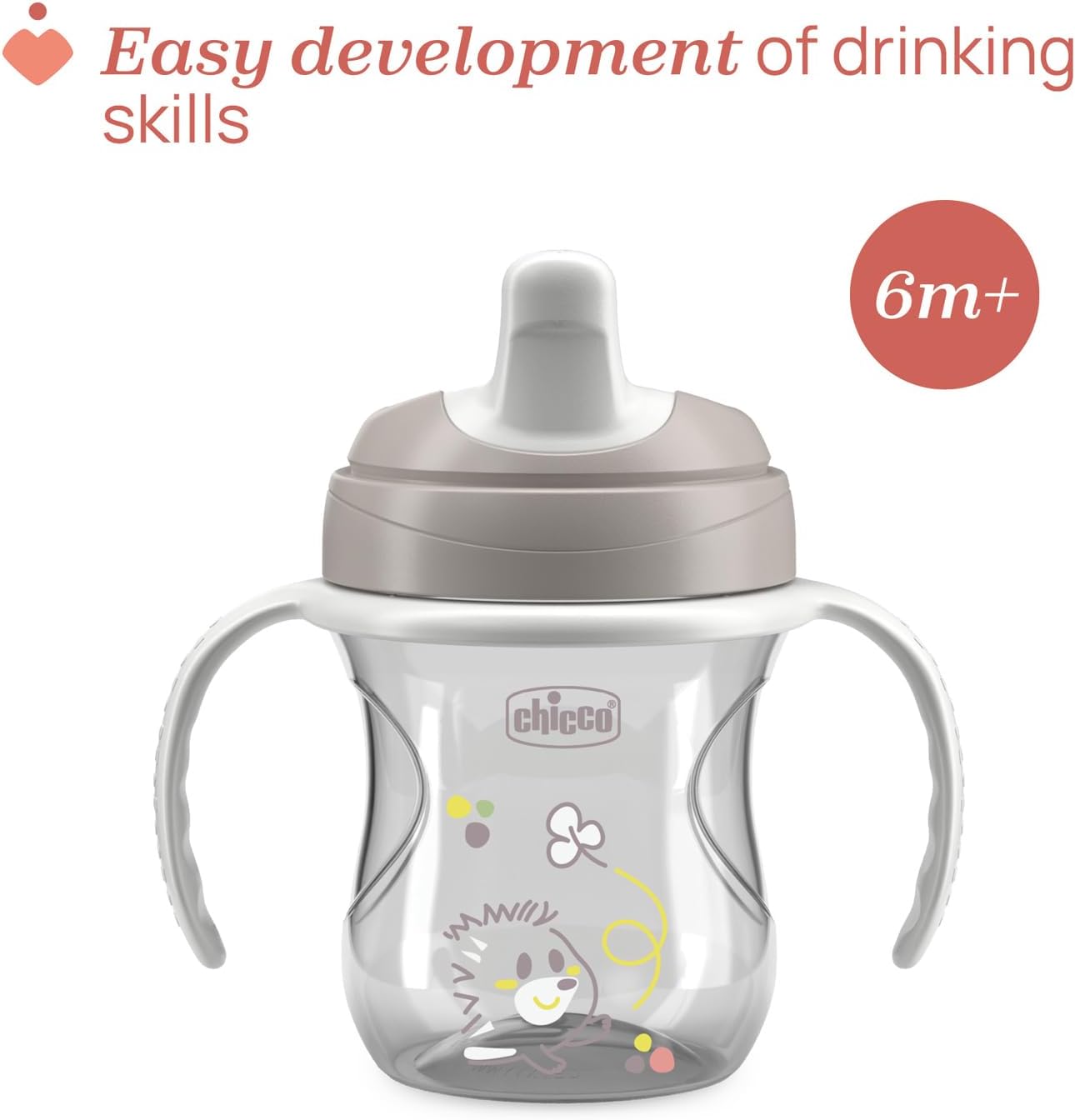 Chicco Training Cup, Drip Free Plastic Training Cup for a Child, Learning to Drink, Ergonomic Semi-Soft Spout, Removable Valve and Handles, 6+ Months, BPA Free, Grey