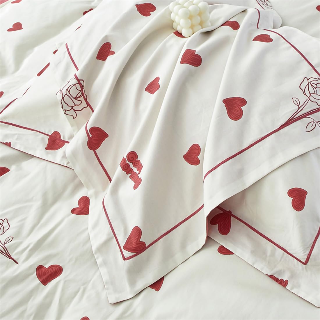 Amour Cœur Rouge Housse de Couette 280x240 Parure de Lit 280 x 240 Coeur Imprimé Rouge et Blanche Adulte 2 Personnes avec Fermeture Éclair, Motif du Cœur Parure Housse Couette en Microfibre