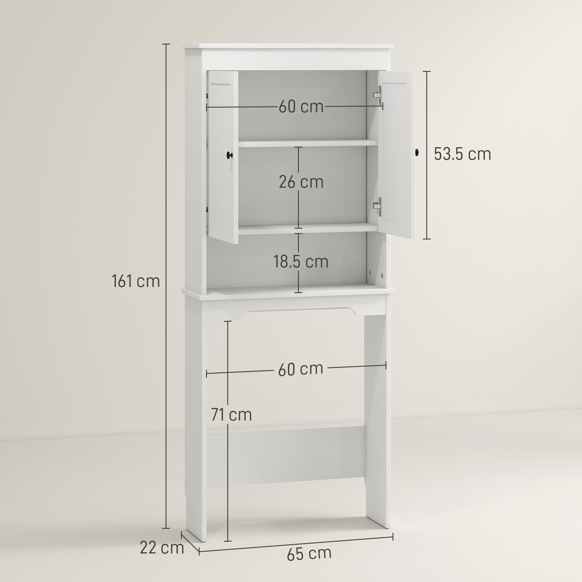 HOMCOM Mobile Sopra WC con 2 Mensole Chiuse, Ripiano Aperto e Soft Close, Mobile Contenitore Salvaspazio in Legno, Scaffale Sopra WC, 65x22x161 cm, Bianco