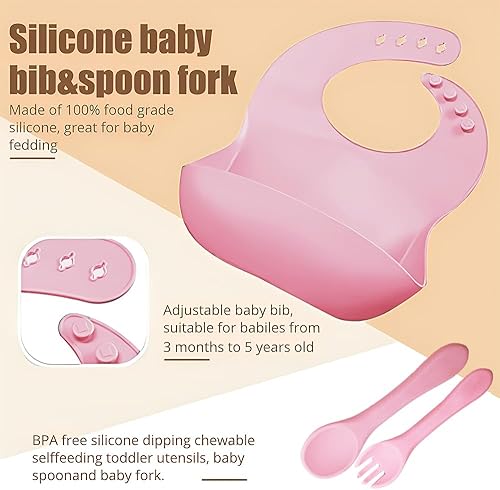 Miniatura 3 de Juego de alimentación de bebé de silicona, kit de suministros de destete con ventosa y placa de automóvil, babero, cuchara, tenedor, taza, silicona