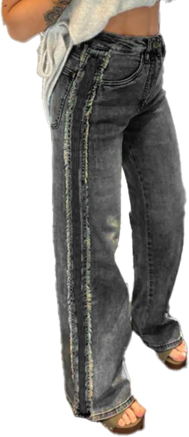 KevaMolly Straight Leg Jeans for Women Casual Contrast Stripe Frayed Side Panel Patchwork High Waist Stretchy Denim
