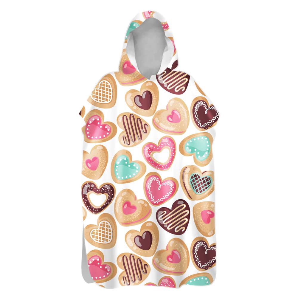 Treer Poncho Changing Robe Hooded, Dessert Cake candy Print Large Beach Towel Quick Dry Light Weight Blanket Towel with Hood for Surfing Swimming Wetsuit Adult Woman & Man (Heart-shaped,75x145cm)