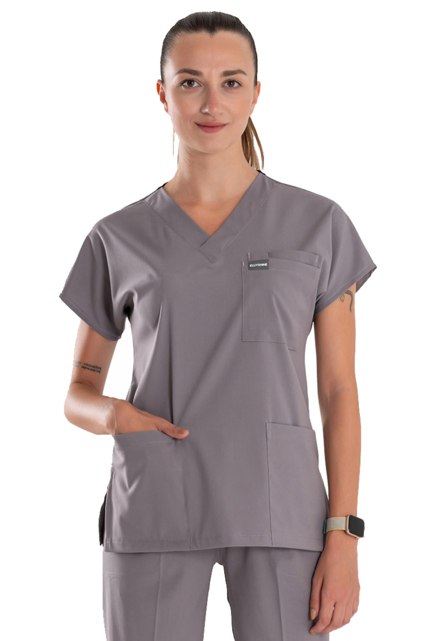 Uniformes médicos profesionales y uniformes quirúrgicos – Conjunto de uniformes médicos de tela elástica suave para mujer – Parte superior e inferior de uniforme médico, gris, XL