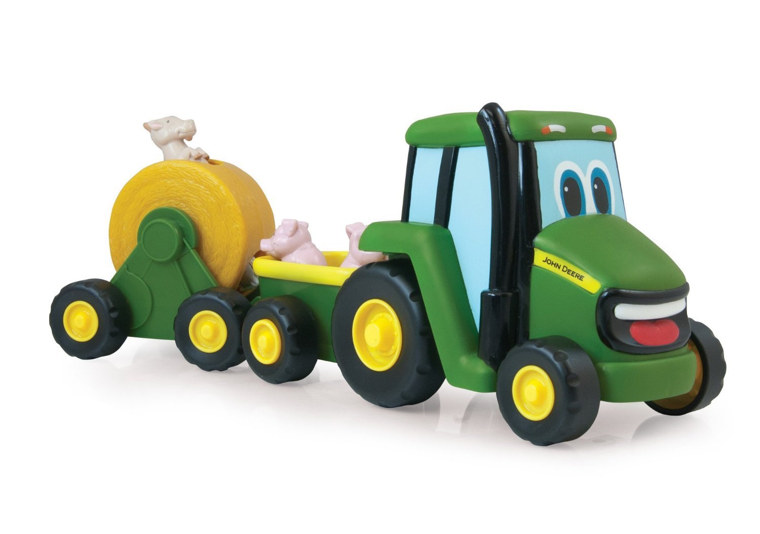 John Deere Johnny mit Viehanhänger und Heuballen, der lachende Spielzeugtraktor für drinnen und draußen. Der Plastiktraktor lässt sich anschieben und spielt eine Melodie auf Knopfdruck. Ab 18 Monaten