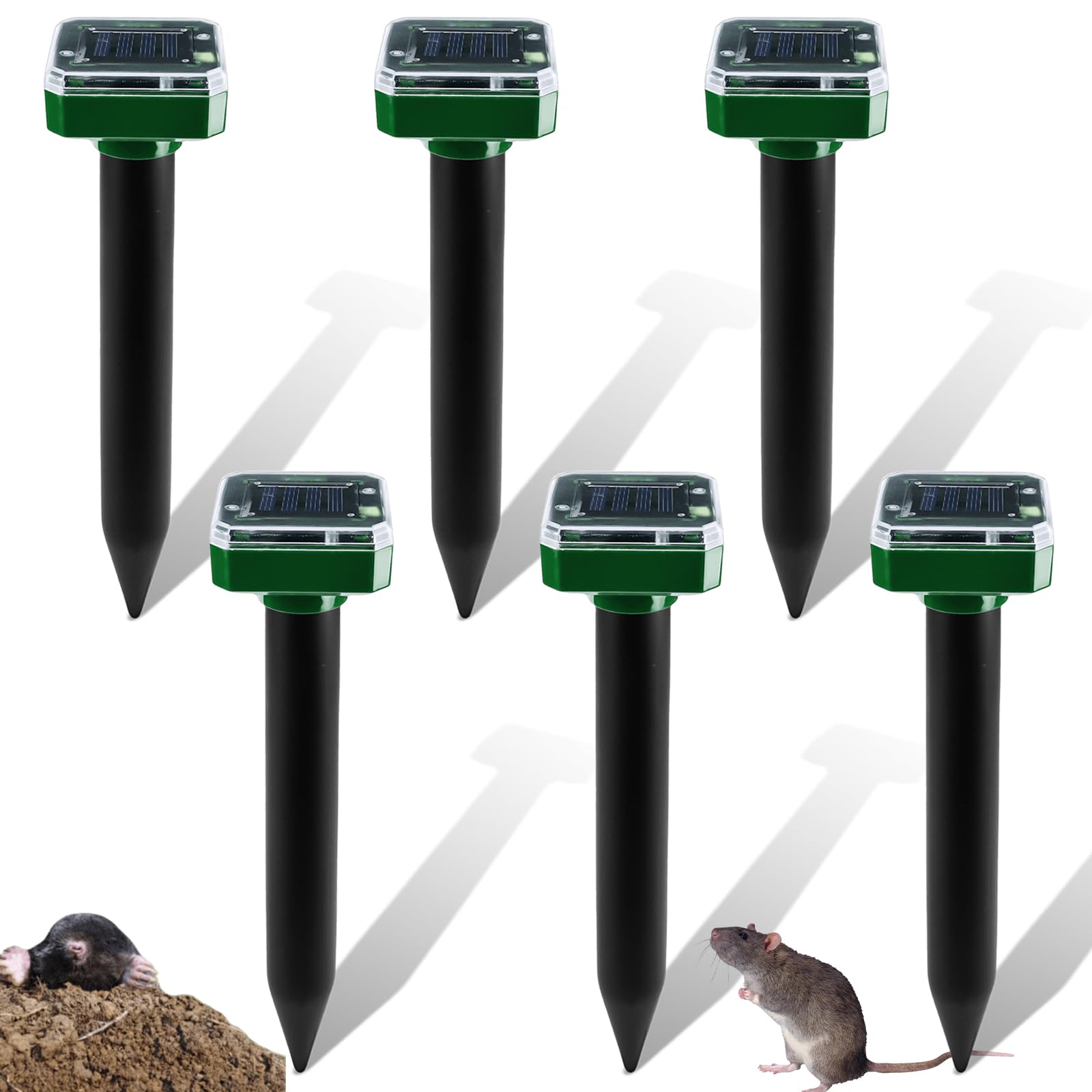 6 unidades de ahuyentador solar de topos: ahuyentador de topos solar, resistente al agua IP65, repelente de topos ultrasónico, para exteriores, para ahuyentar topos y ardillas de tierra en céspedes y