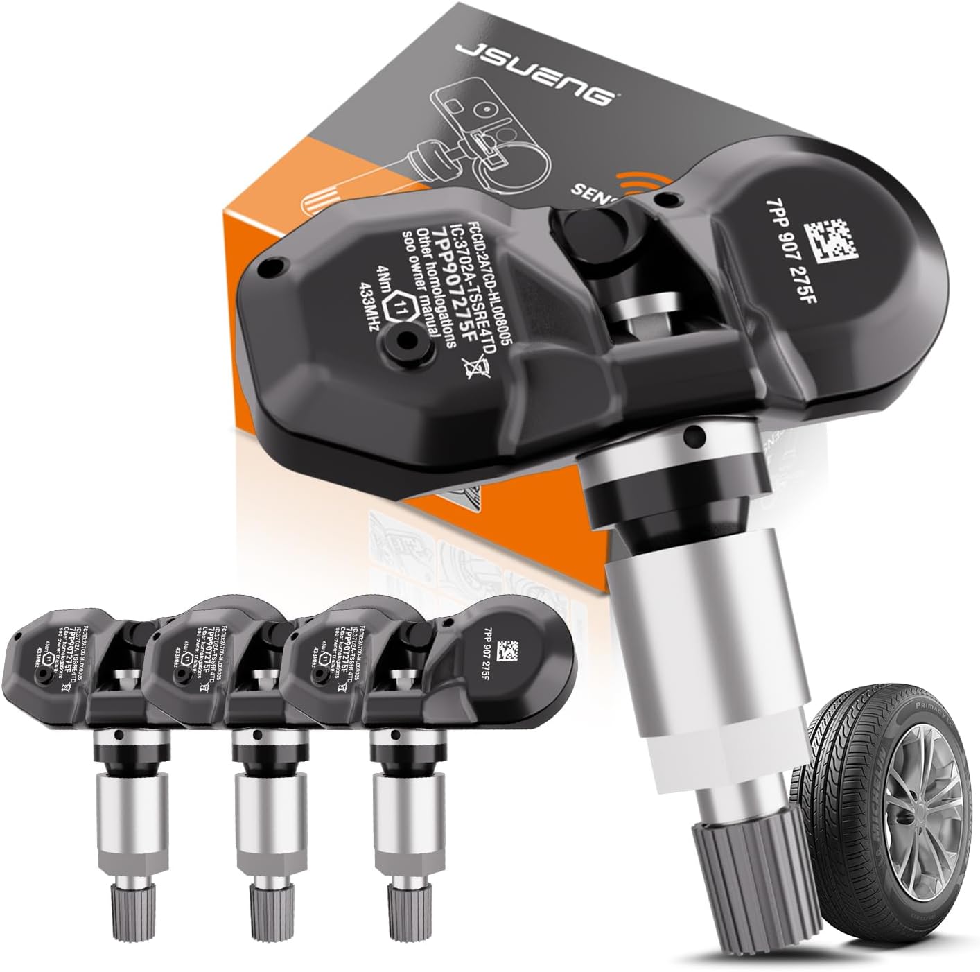 Jsueng 4-Pack Tire Pressure Monitoring System Sensors fit for Audi A6 Q7 R8, Aston Martin DB11 DB9 DBS DBX, Bentley Volkswagen Porsche Lamborghini 433MHz TPMS Sensor Replaces 4F0907275B 7PP907275F
