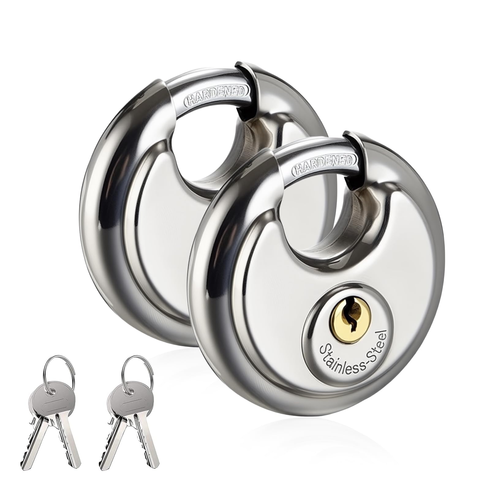 2 PCS Disc Padlock Round 70mm, Stainless Steel Padlocks with 4 Keys Heavy Duty Pad Lock with 9.3mm Shackle Weatherproof for Shed Gate Fence Garage Container