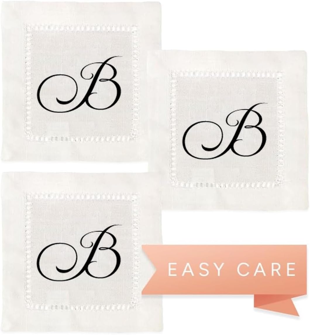 Jolitee Decorative Hemstitch Cocktail Napkins with Printed Initials B – 6"x6" Linen-Like Washable Fabric – Handmade Cloth Napkins for Entertaining, Parties, and Everyday Use