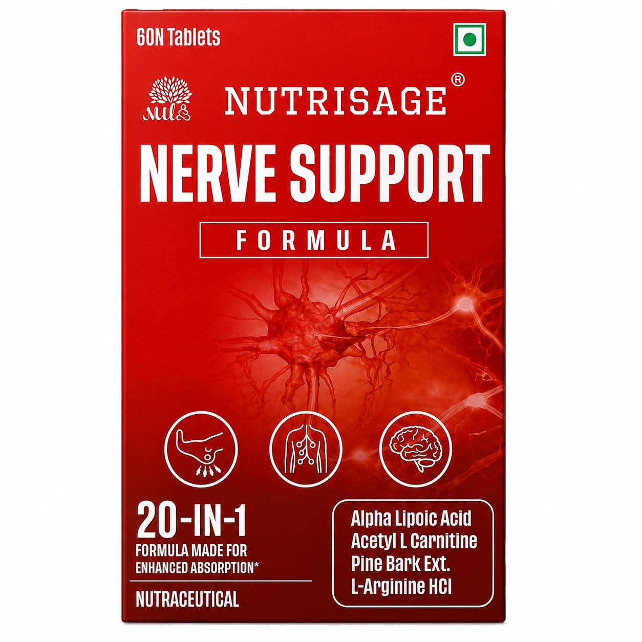 Nutrisage Nerve Support Formula- Neuropathy Support Supplement, with 600 mg Alpha Lipoic Acid, Pine Bark, L-Carnitine, Magnesium & Potent Herbs, Non-GMO Nerve Support, 60 tab-1mth course (1)