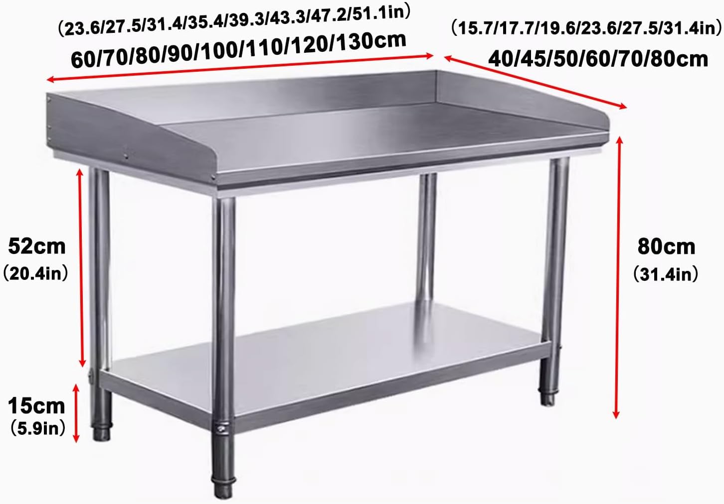 2-tier Stainless Steel Kitchen Worktop, Food Prep Worktable, 3-Sided Backsplash Heavy Duty Prep Worktable, Metal Work Table with Adjustable Shelf, for Kitchen Restaurant(L70xW50cm/27.5x19.6i
