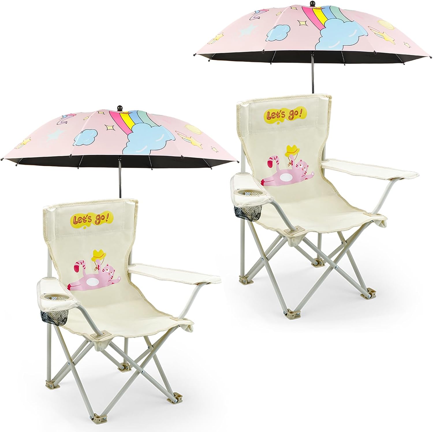 2 Pack Kids Camping Chair - Kids Beach Chair with Umbrella - Foldable Storage Cup Holder Durable, wear-Resistant, Non-Slip, Lightweight Design for Beach, Patio, Outdoors, Lawn (Pink+Pink)