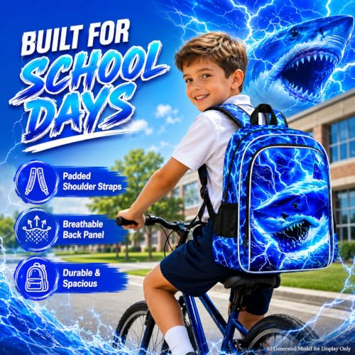 Image of 3Pcs Shark Backpack for Boys, Lightning Kids Bookbag with Lunch Box, 17 inch School Backpacks for Elementary Preschool Kindergarten (Blue)