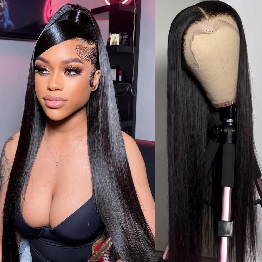 26 Inch Straight Lace Front Wigs Human Hair 180 Density Brazilian Real Human Hair Wig for Black Women Glueless 13x4 Hd Transparent Lace Wig Pre Plucked Natural Hairline with Baby Hair Black Color