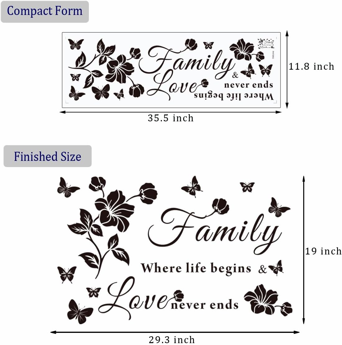 Family Wall Decor Stickers, Black Floral Quote Wall Decal Vinyl Sticker for Living Room, Bedroom, Kitchen, Dining, Office, Glass Surface