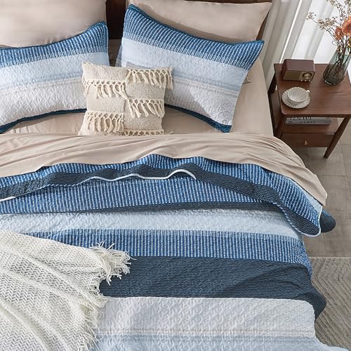 Image of Andency Navy Blue Striped Quilt Set Cal King(104x112Inch), 3 Pieces (1 Quilt and 2 Pillowcases) Patchwork Bedspread Coverlet Set, Soft Lightweight Quilted Bedding Set