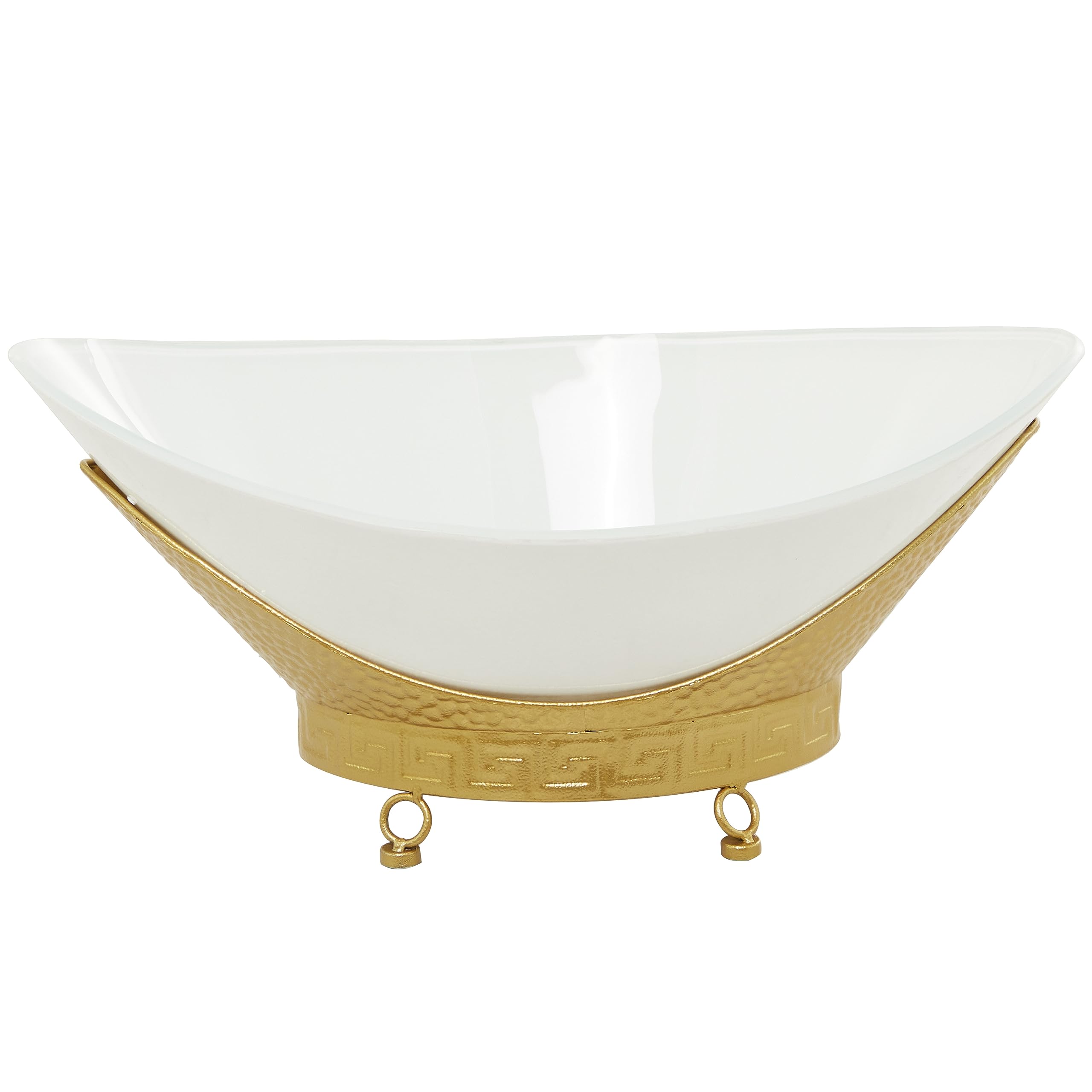 Deco CosmoLiving by Cosmopolitan Glass Kitchen Hammered Serving Bowl with Gold Metal Stand and Ring Feet, 23" x 14" x 11", White