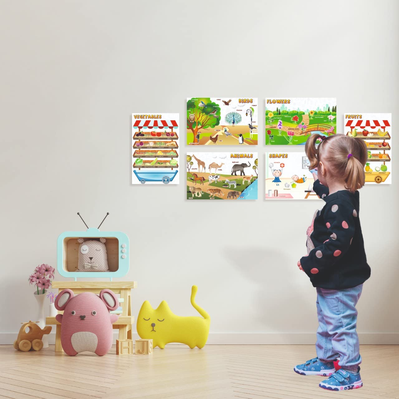 VantageKart Educational Wall Posters Set of 6 for Kids | Birds, Animals, Fruits, Vegetables, Flowers & Shapes Charts | 12x18 Inch Preschool Learning Charts for Toddlers, Nursery, LKG, UKG 1