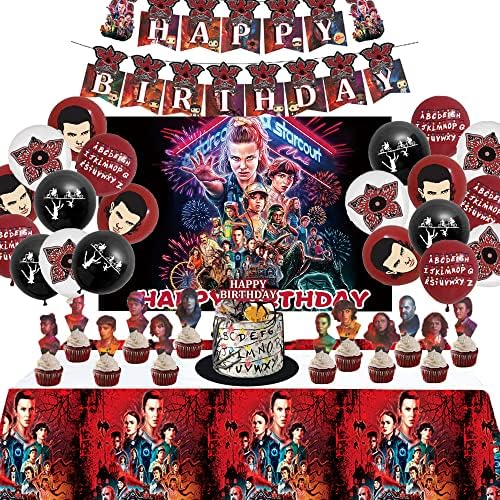 Stranger Occasion Provides, stranger party provides Included Banner, backdrop, Cake topper, Balloons, cake Topper and Cupcake Toppers for Occasion Favor