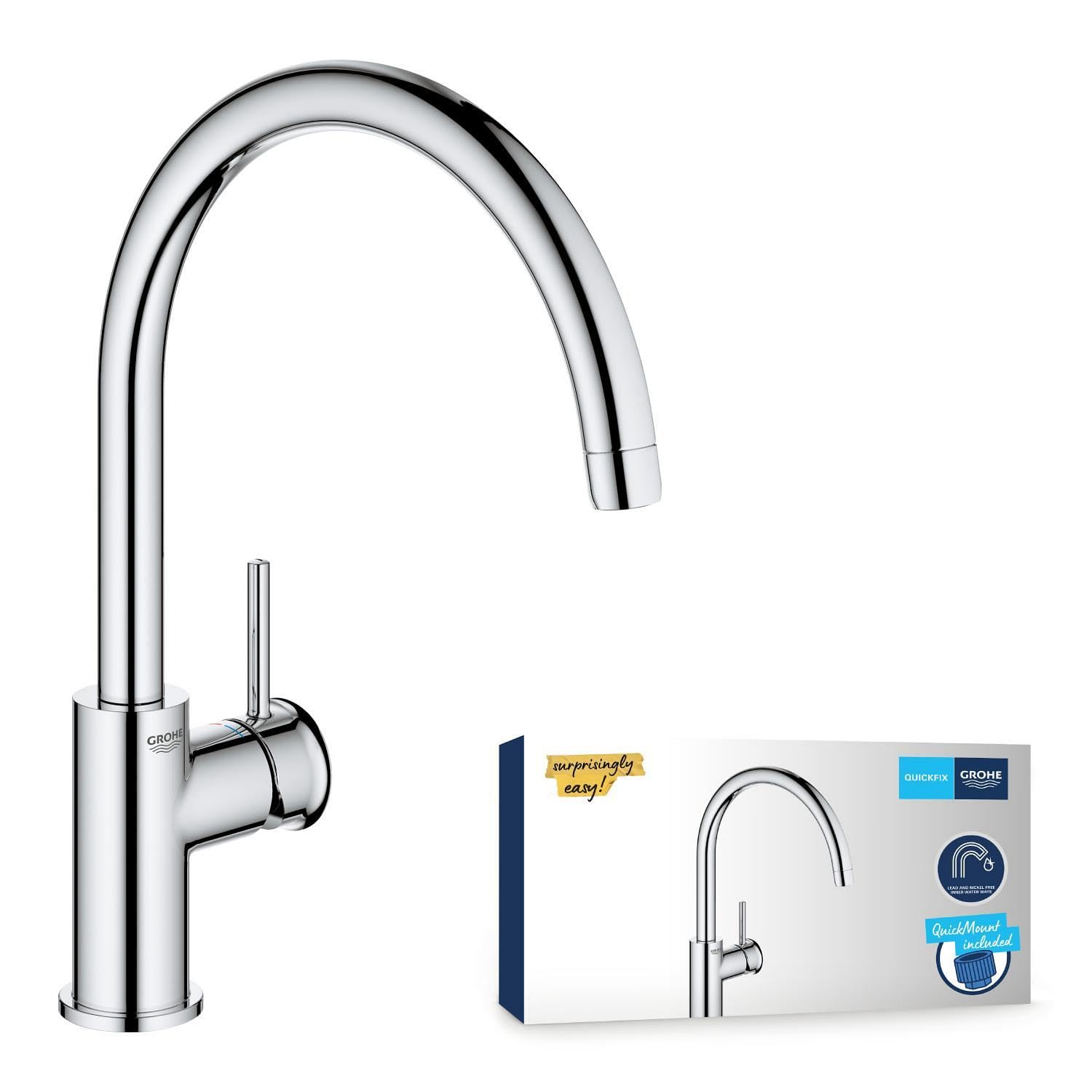 GROHE Start Classic, Küchenarmatur, hoher Auslauf (Wasserhahn für die Küche, Spültischarmatur mit praktischem 360° Schwenkbereich, einfache Montage am Spülbecken), chrom, 31553001