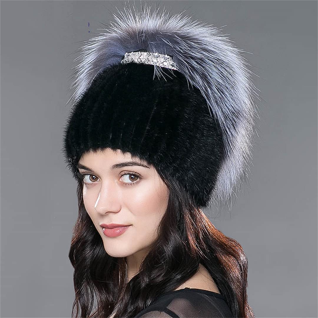 Sombreros de Piel de visón de Invierno para Mujer Gorros de Punto Gorros cálidos para Mujer Sombrero de Piel para Mujer