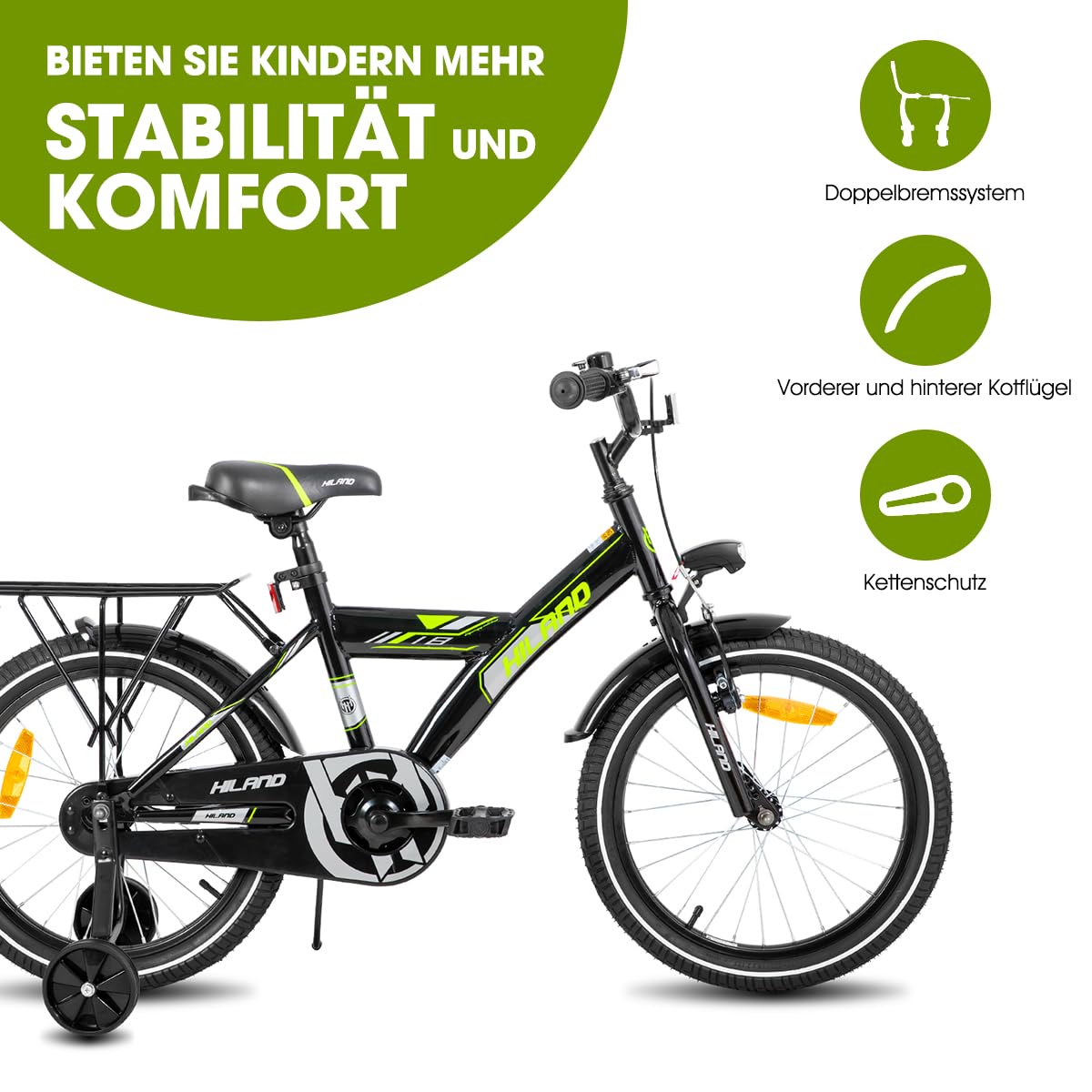 HILAND 16/18/20 Zoll Kinderfahrrad Mountainbike Kinder MTB für Jungen und Mädchen ab 4 5 6 7 8 9 Jahren Licht Gepäckträger Stützräder/Ständer, Schwarz/Weiß