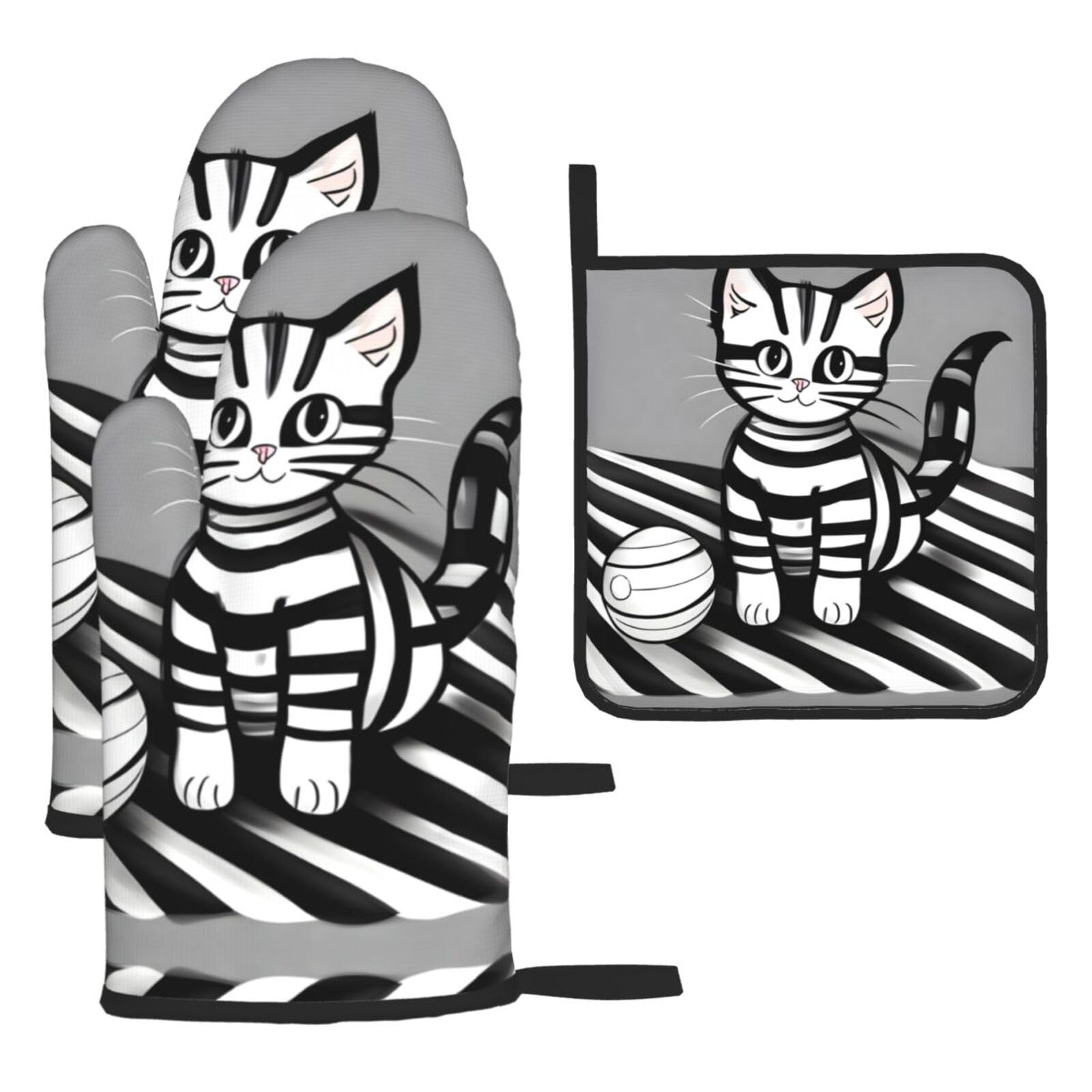 Play ball kitty Oven mittens and oven mitts three-piece set suitable for oven, grilling, baking, microwave and home cooking.