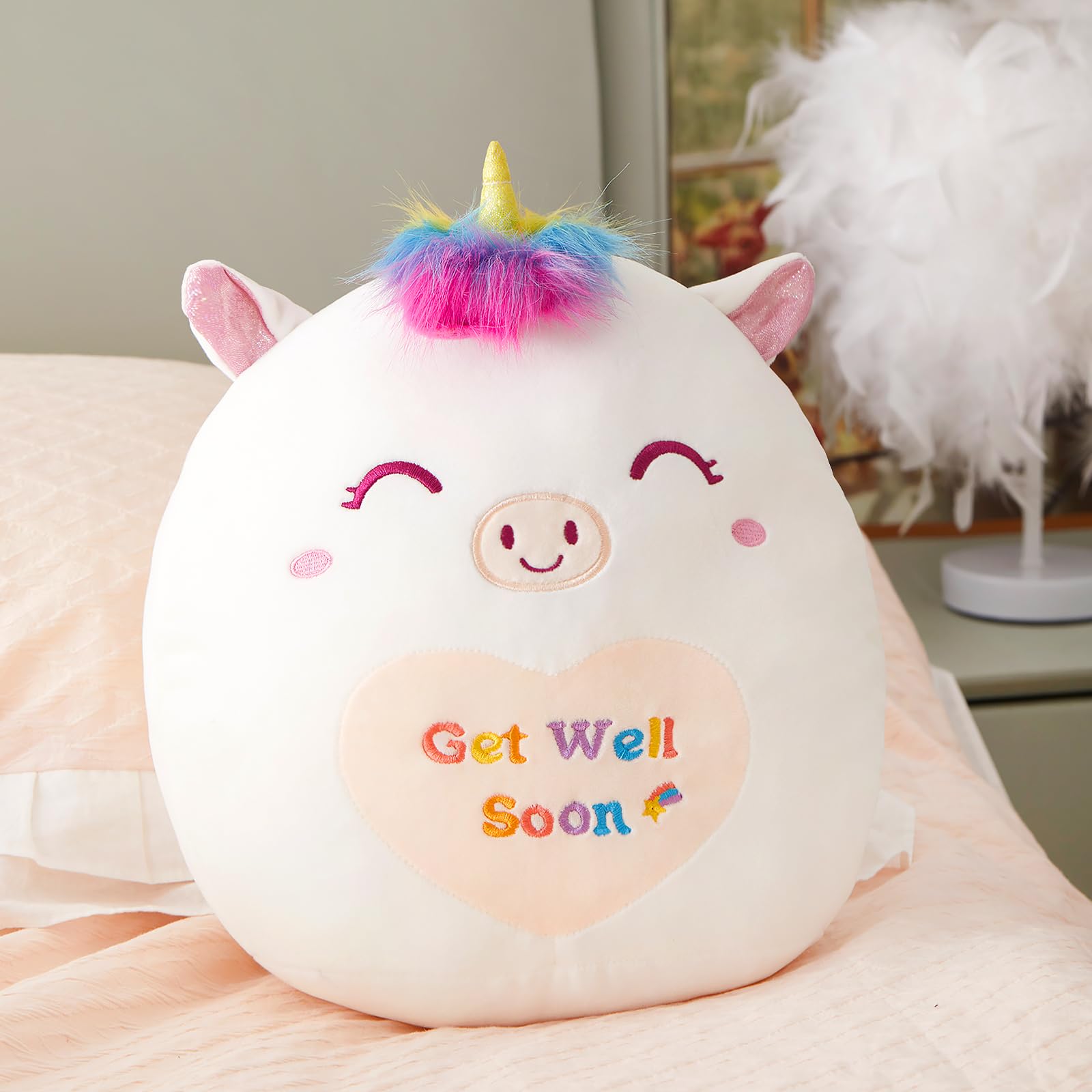 Athoinsu 12" Get Well Soon Unicorn Plush Pillow Soft Sofa Cushion Squishy Plushie Toy Cute Stuffed Animal Room Decor Feel Better Gifts for Recovering Patient - Image 6