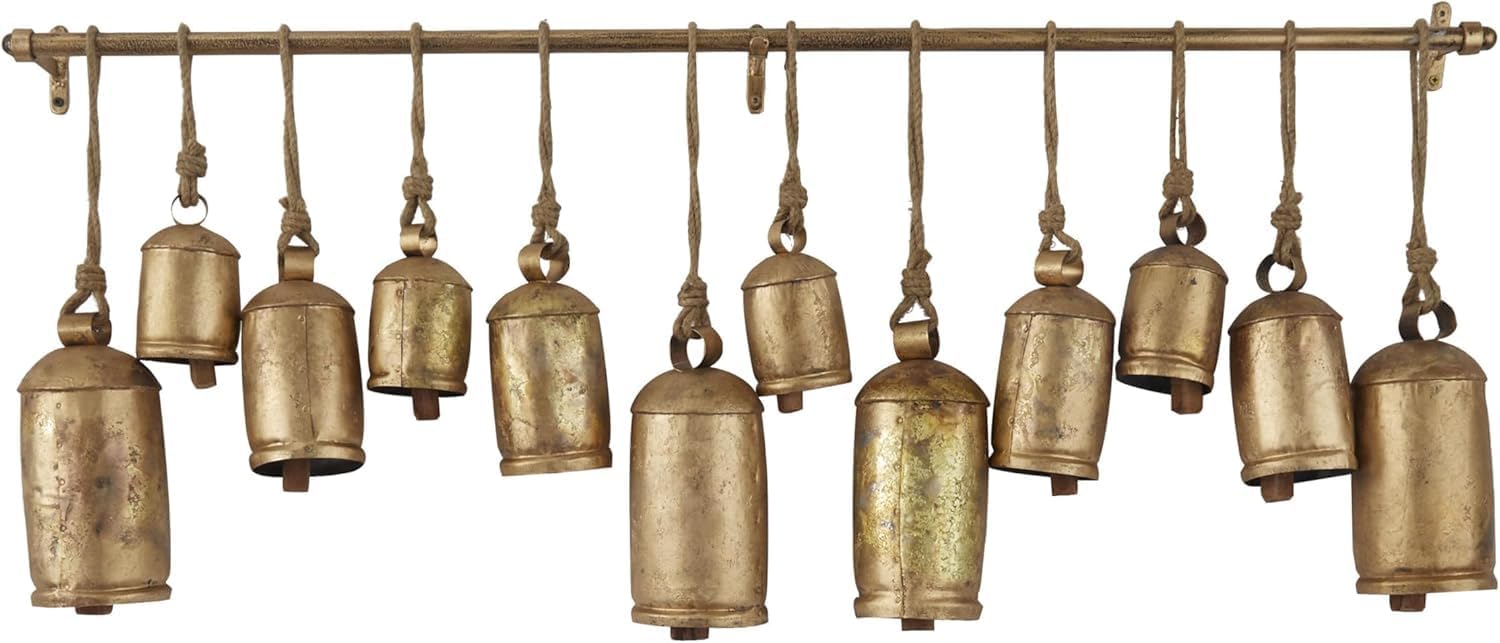 Giant Vintage Rustic Tin Metal Harmony Cow Bells, Set of 12, Huge XXL Handmade Bells on Jute Rope with Rod