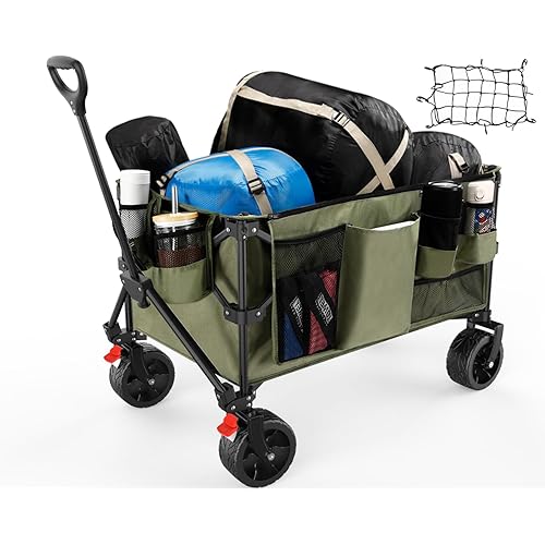Collapsible Wagon Cart with Cargo Net, Beach Wagon with Big Wheels, Foldable Wagon with Brakes, Outdoor Garden Cart with 6 side pockets and 4 Cup Holders, Green