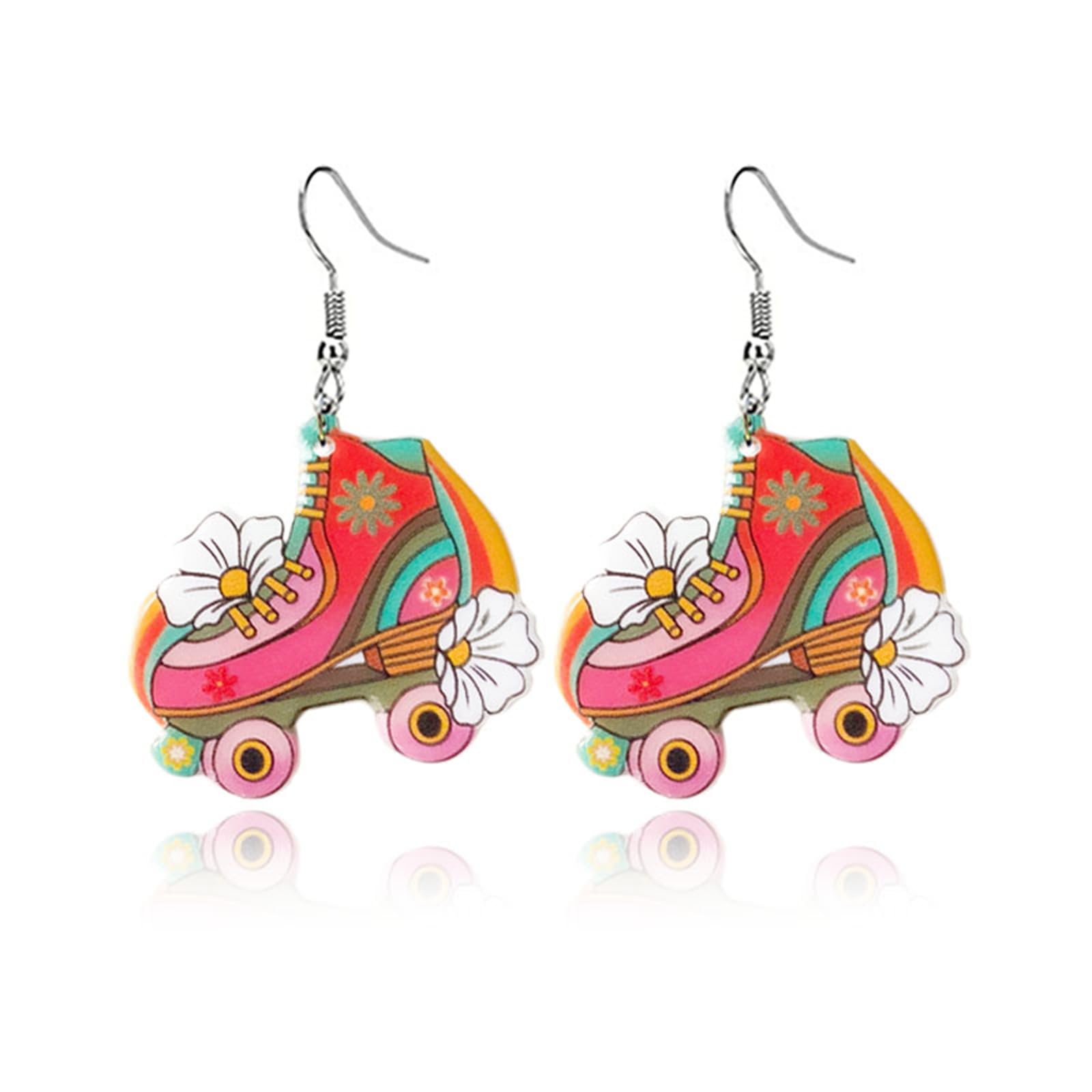 60s 70s 80s Retro Neon Earrings for Women Funny Creative Skating Shoes Disco Ball Earring Acrylic Hot Pink Drop Dangle Earring Retro Halloween