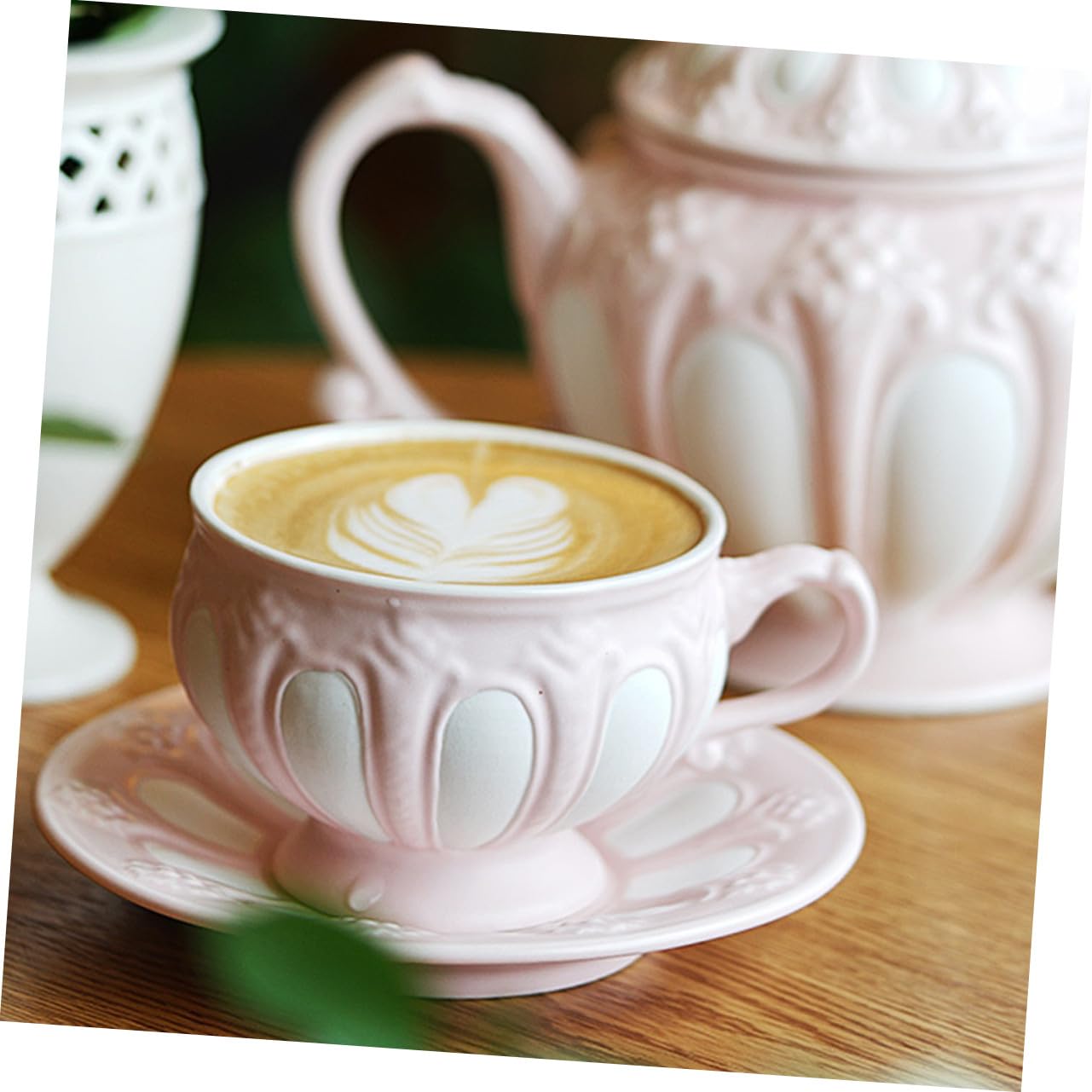 Juego de Tazas de Café Mango Ergonómico de Cerámica Diseño Europeo en Relieve y Color Rosa, Adecuado Hogar o Cafetería