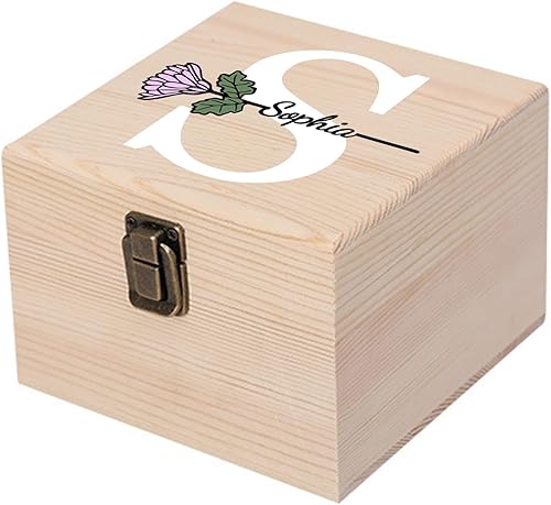 Miniatura 9 de Caja de recuerdos personalizada de madera Cooayyaooc con flor de nacimiento y nombre, caja de almacenamiento decorativa de madera personalizada