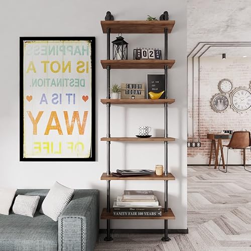Miniatura 5 de Estantería industrial de tubería rústica con escalera de pared, estante de almacenamiento para sala de estar, cocina, oficina (6 niveles)