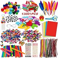 Bastelset Kinder, 1300+PCS Withosent DIY Basteln Bastelkoffer, Bastelzubehör Bastelmaterial Scrapbooking, Pfeifenreiniger, Pompons, Federn, Perlen, Wackelaugen, Pailletten Bastelbedarf für Kleinkinder