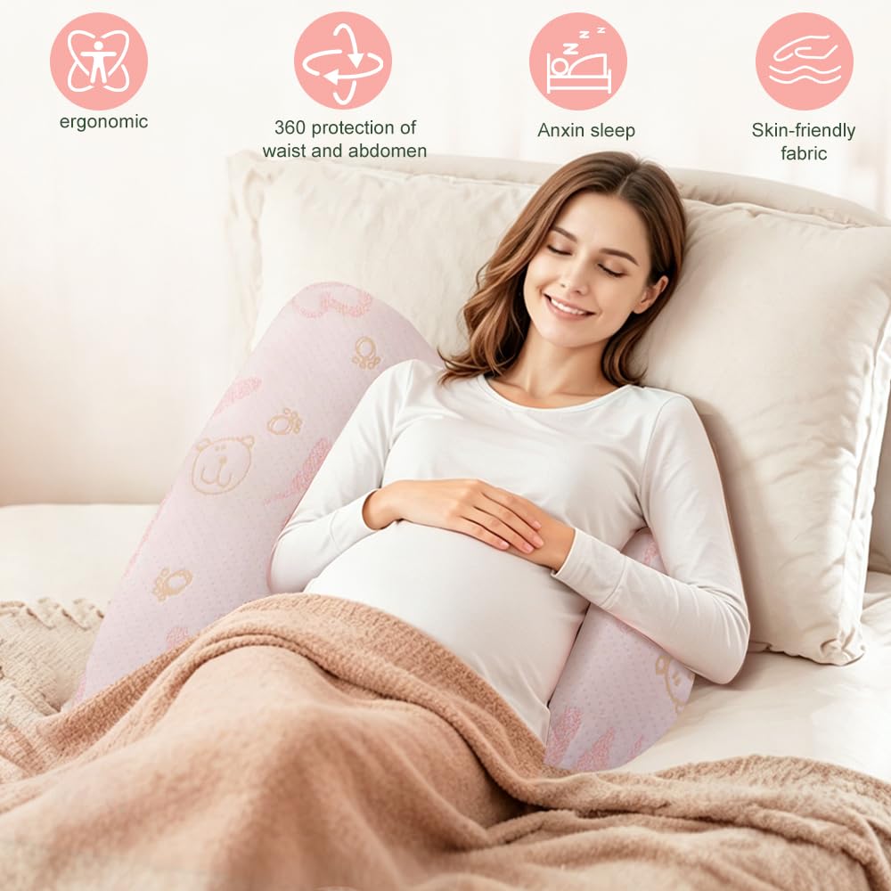 Almohada de embarazo ajustable, almohada de embarazo para dormir, almohada de embarazo de espuma viscoelástica para abdomen, espalda, ajustable y portátil para dormir de lado (oso rosa)