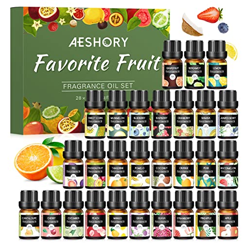 Fruity Essential Oils Set - Top 28 Fruit Fragrance Oil for Candle Making Diffusers - Strawberry Apple Pineapple Cucumber Melon Cherry Mango Lemon and Orange Scented Aromatherapy Oils