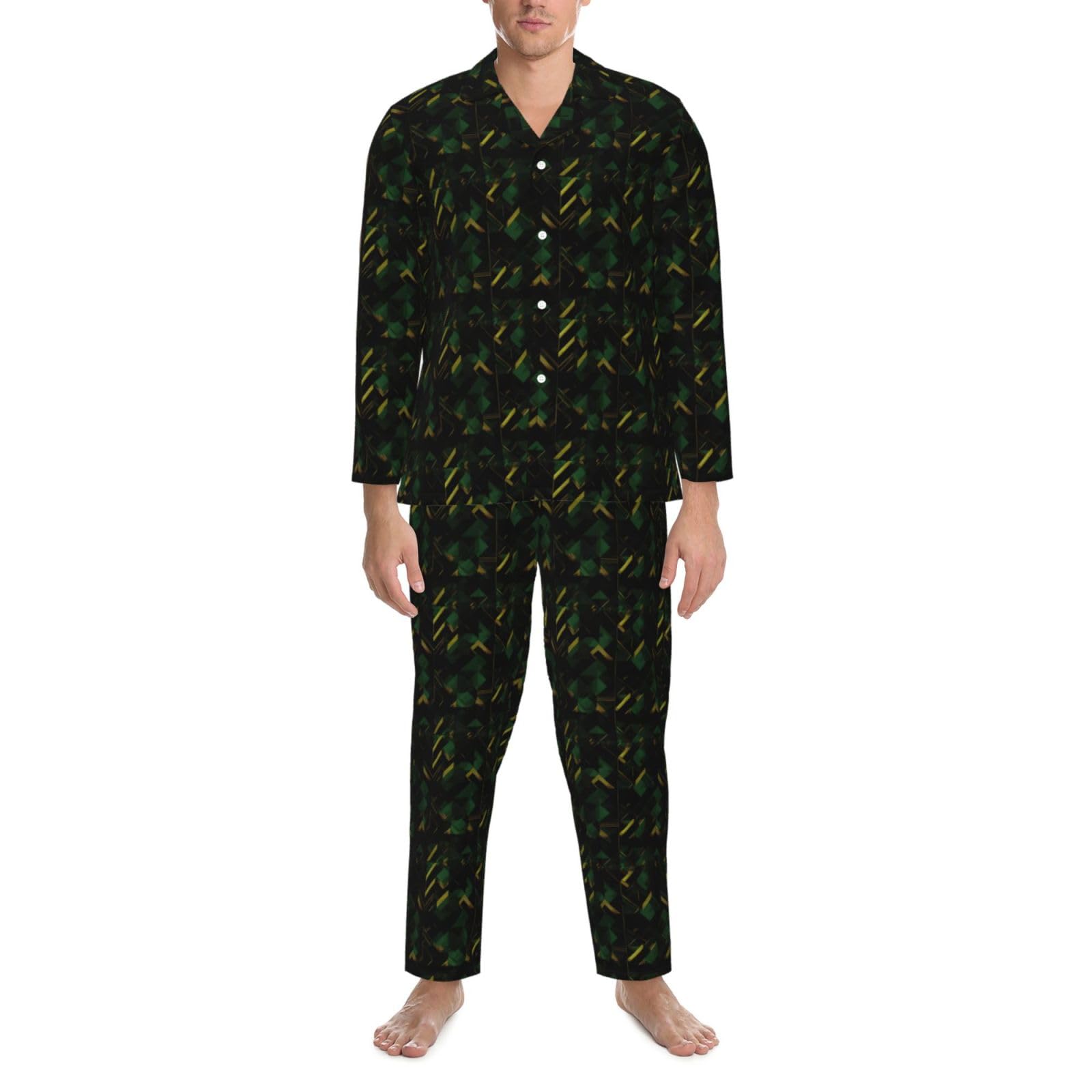 Herren-Pyjama-Set, langärmelig, schwarz, grün und gold, geometrischer Druck, zweiteilig, Hauskleidung, bequeme Nachtwäsche, Nachtwäsche