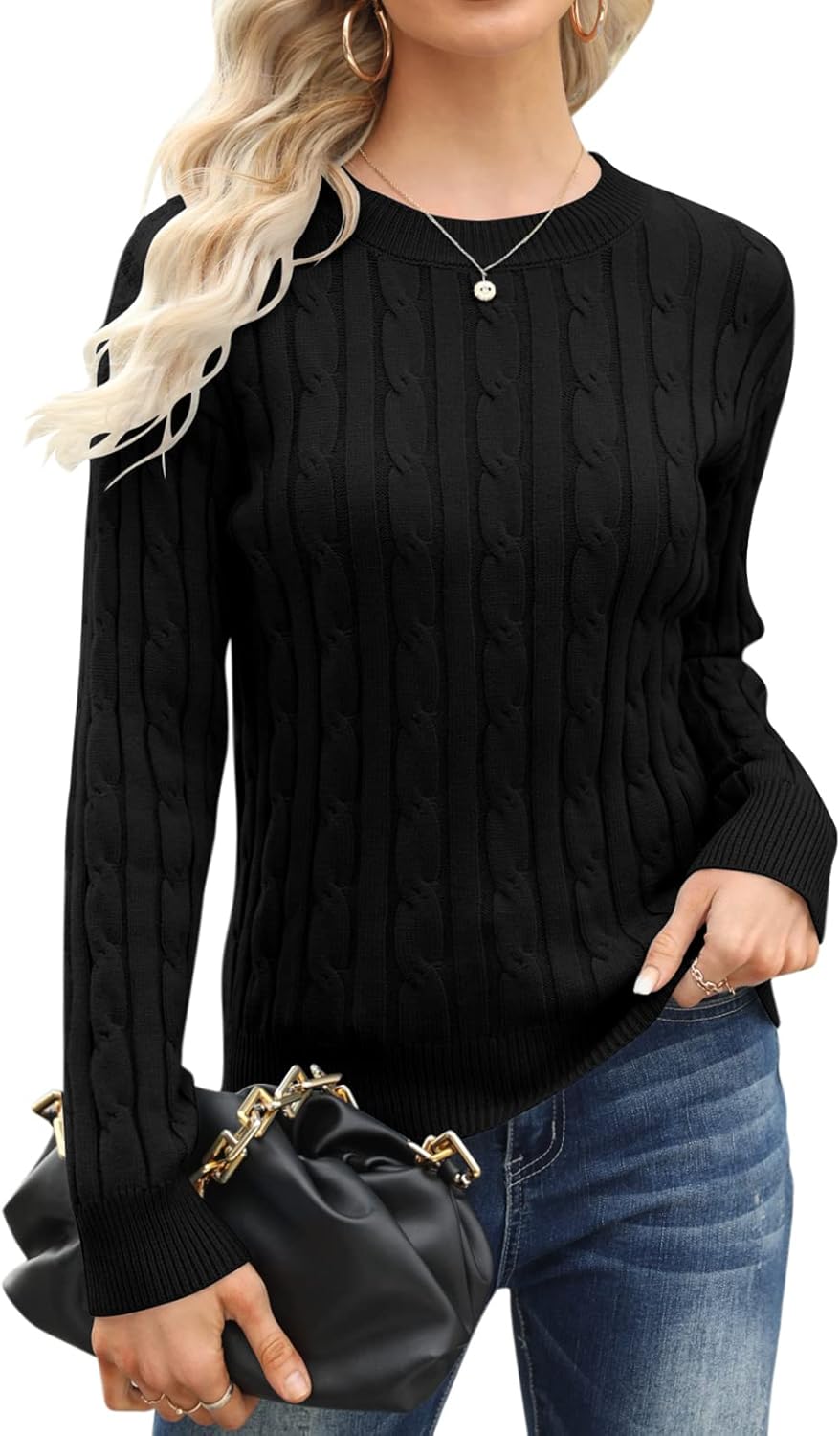 Esobo Women's Classic-fit Lightweight Cable Long Sleeve Mockneck Loose Casual Sweater Jumpers