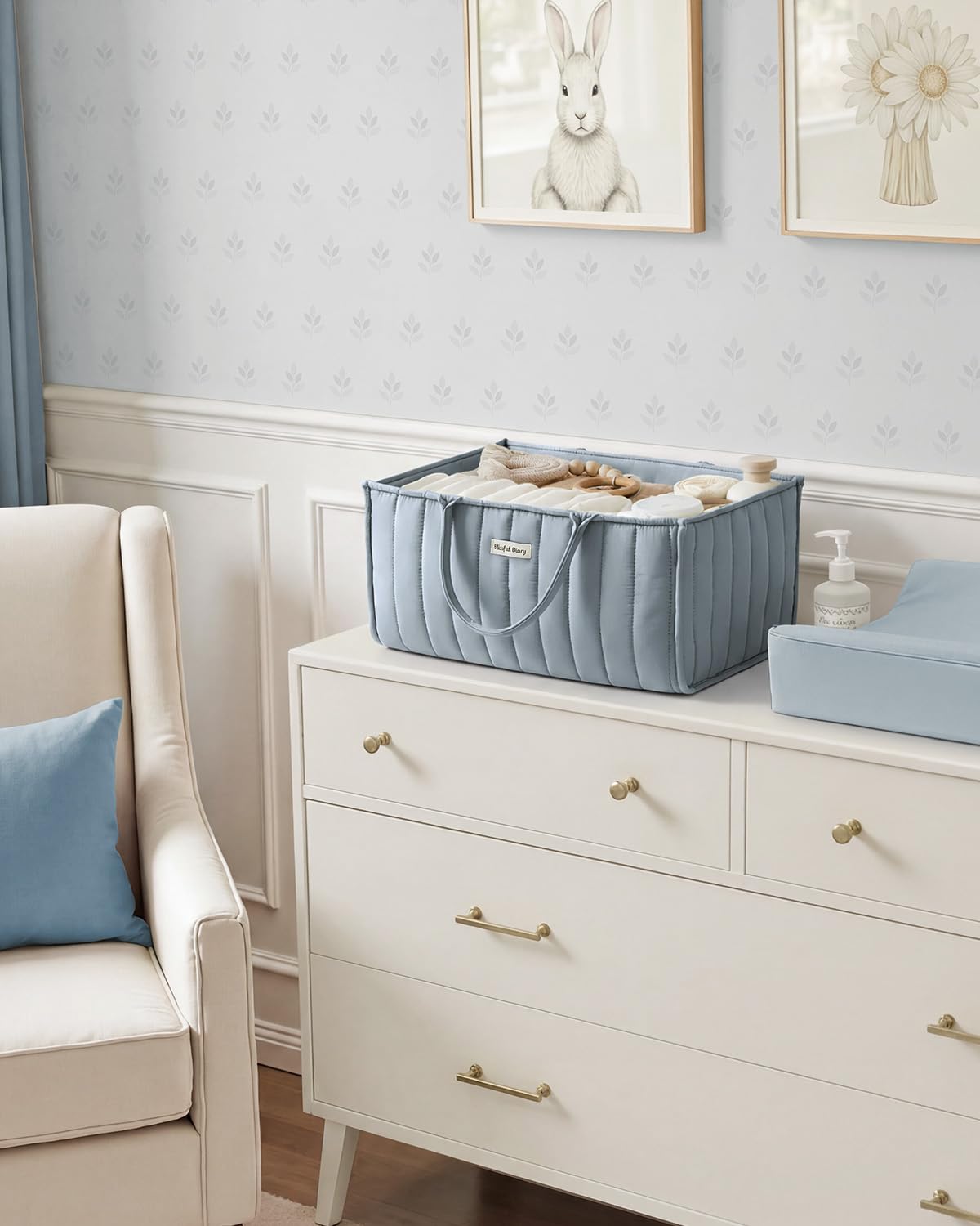 Blissful Diary Organizador de pañales para bebé, elegante cesta de