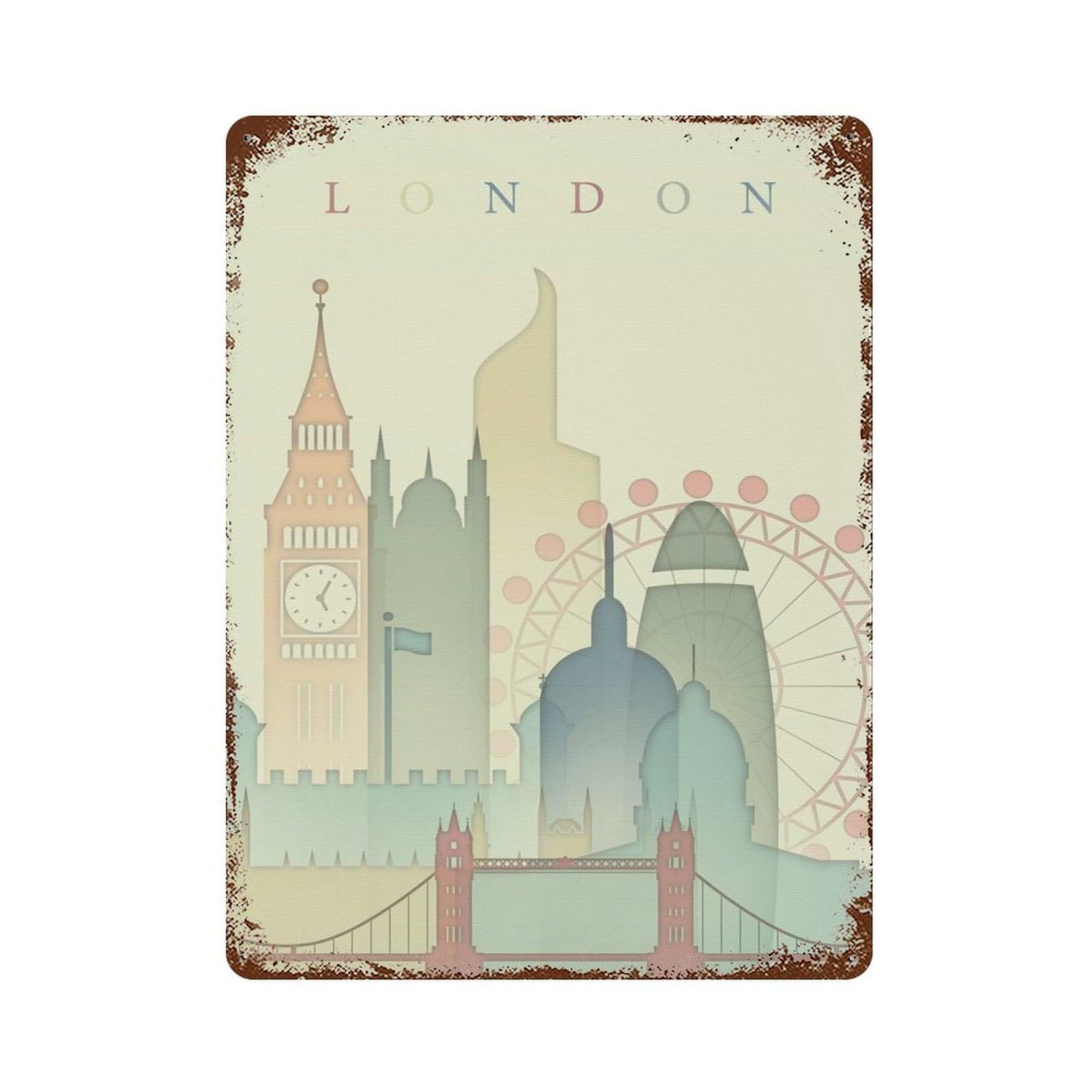 London England Skyline Rust Effect Tin Sign 15.7"x11.8", Farmhouse Wall Decor for Farmhouse, Kitchen And Entryway Decor