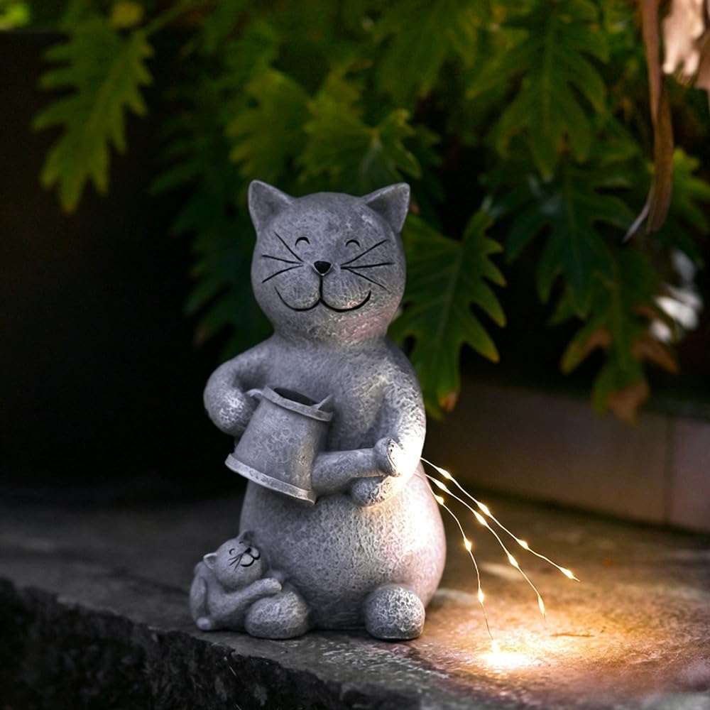 Statue Chat Jardin Résine pour déco Extérieur Lumière LED Automatique Ornement Terrasse 26cm