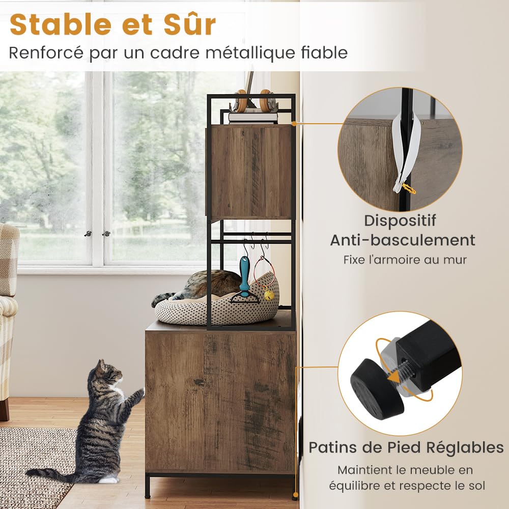 COSTWAY Meuble Litiere Chat, Planche à Griffer, Étagères de Rangement, 4 Crochets, Maison pour Chaton à 2 Portes, Barrière de Sécurité, Patins Réglables, Maison de Toilette Chat, 78 x 51 x 137 cm