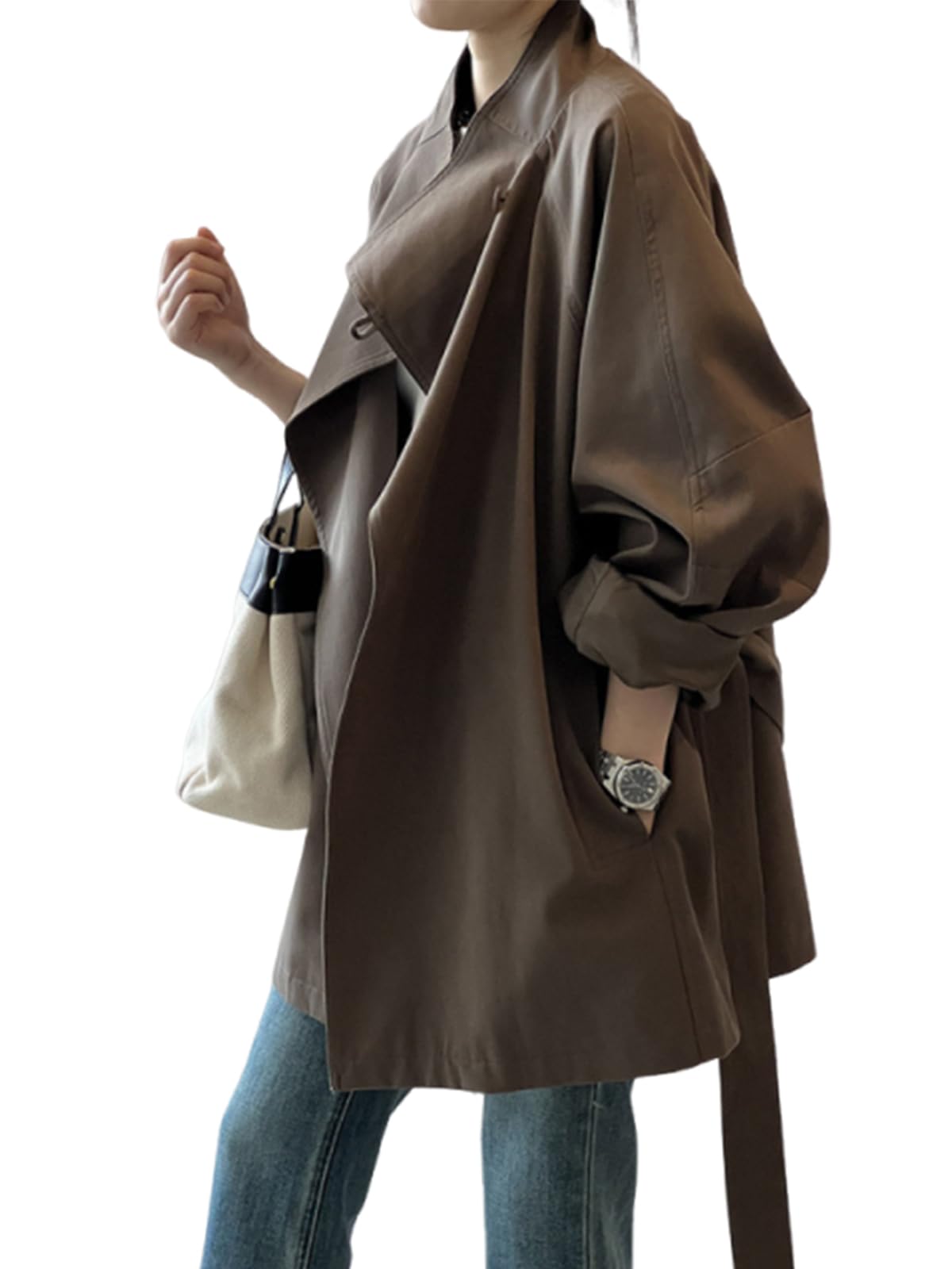 utcoco Womens Open Front Trench Coat 2025 Fall Outfits Fashion Stand Collar Windproof Overcoat Outerwear with Belt