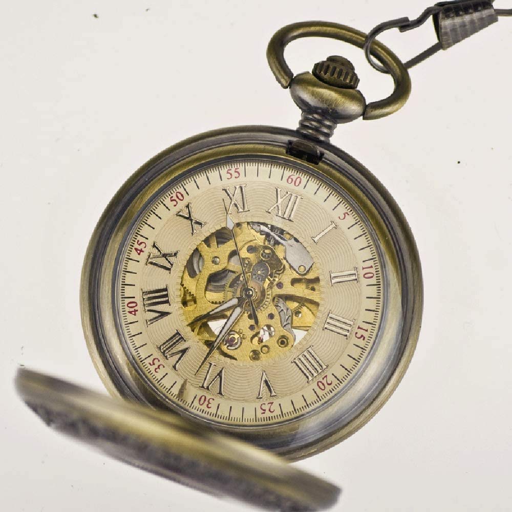 LIIAV Orologio da Taschino Meccanico a Carica Manuale da Uomo Vintage Steampunk Wood Grain Hollow Design con Catena